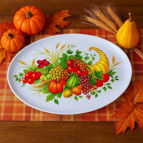 Brookpark Melamine Oval Serving Tray VTG Harvest Cornucopia Retro Thanksgiving - Picture 1 of 10